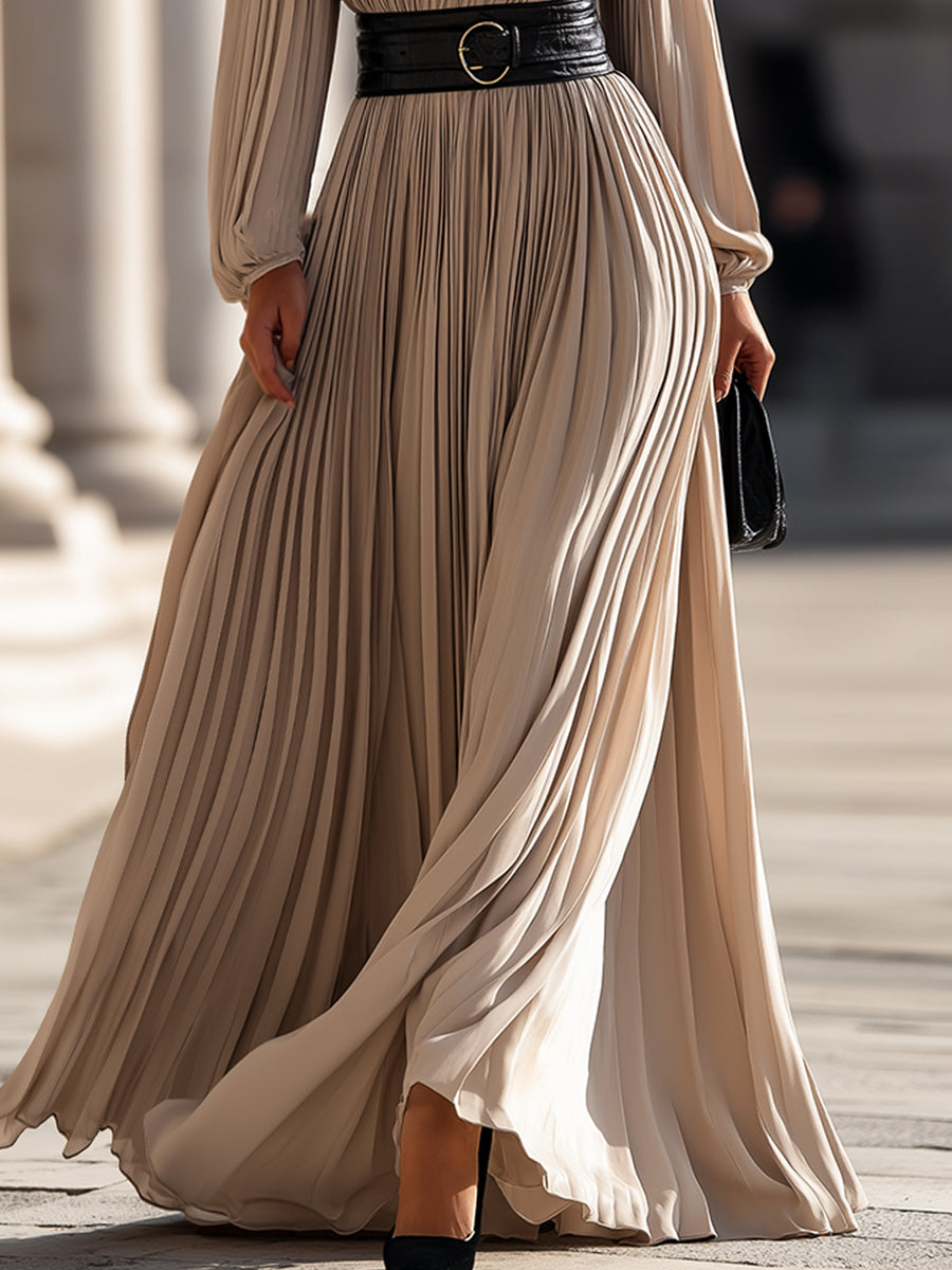 Elegante Hoge Hals Maxi Jurk met Plissé