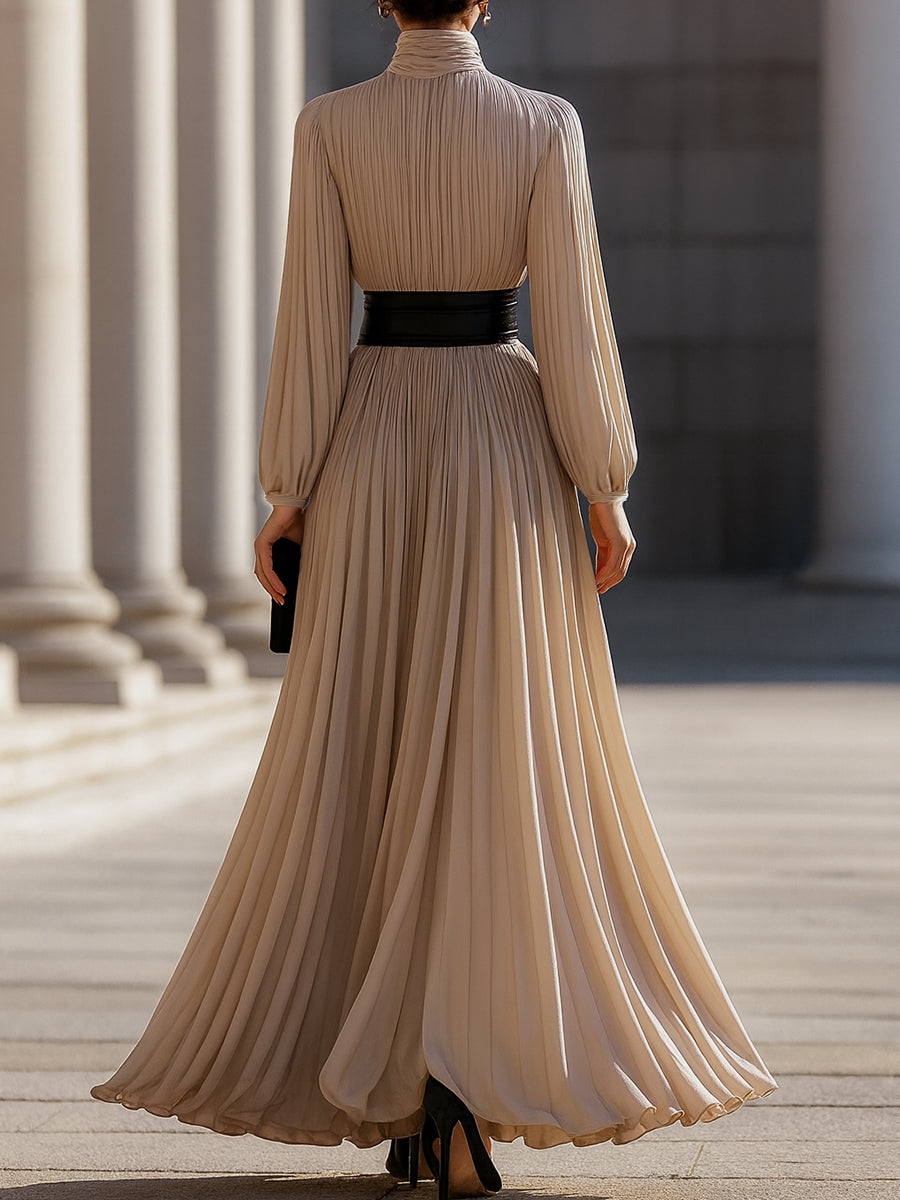 Elegante Hoge Hals Maxi Jurk met Plissé