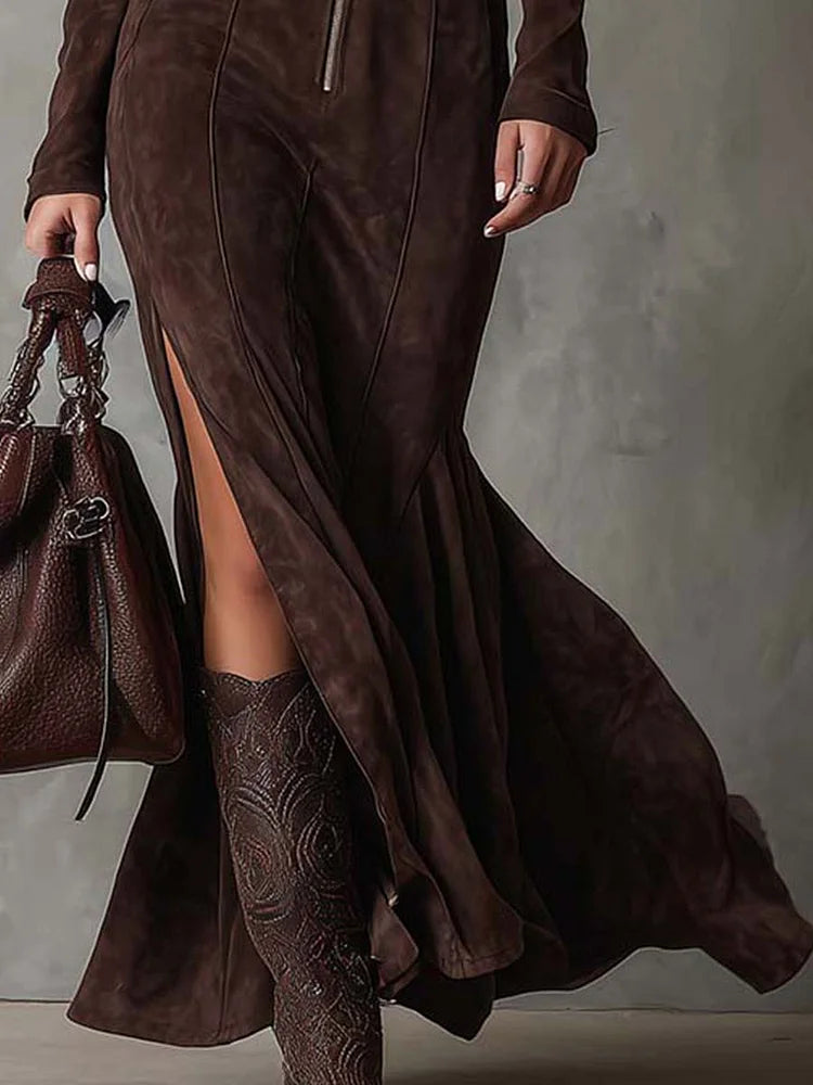 Vintage bruine maxi-jurk met rits