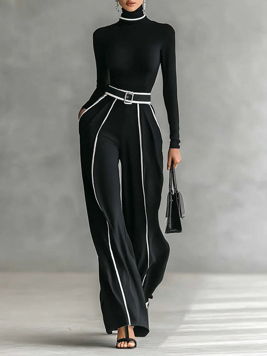 White High Neck Two Piece Suit with Belt