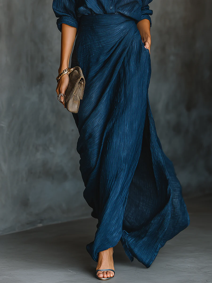 Elegant Shirt & Maxi Rok Set in Donkerblauw