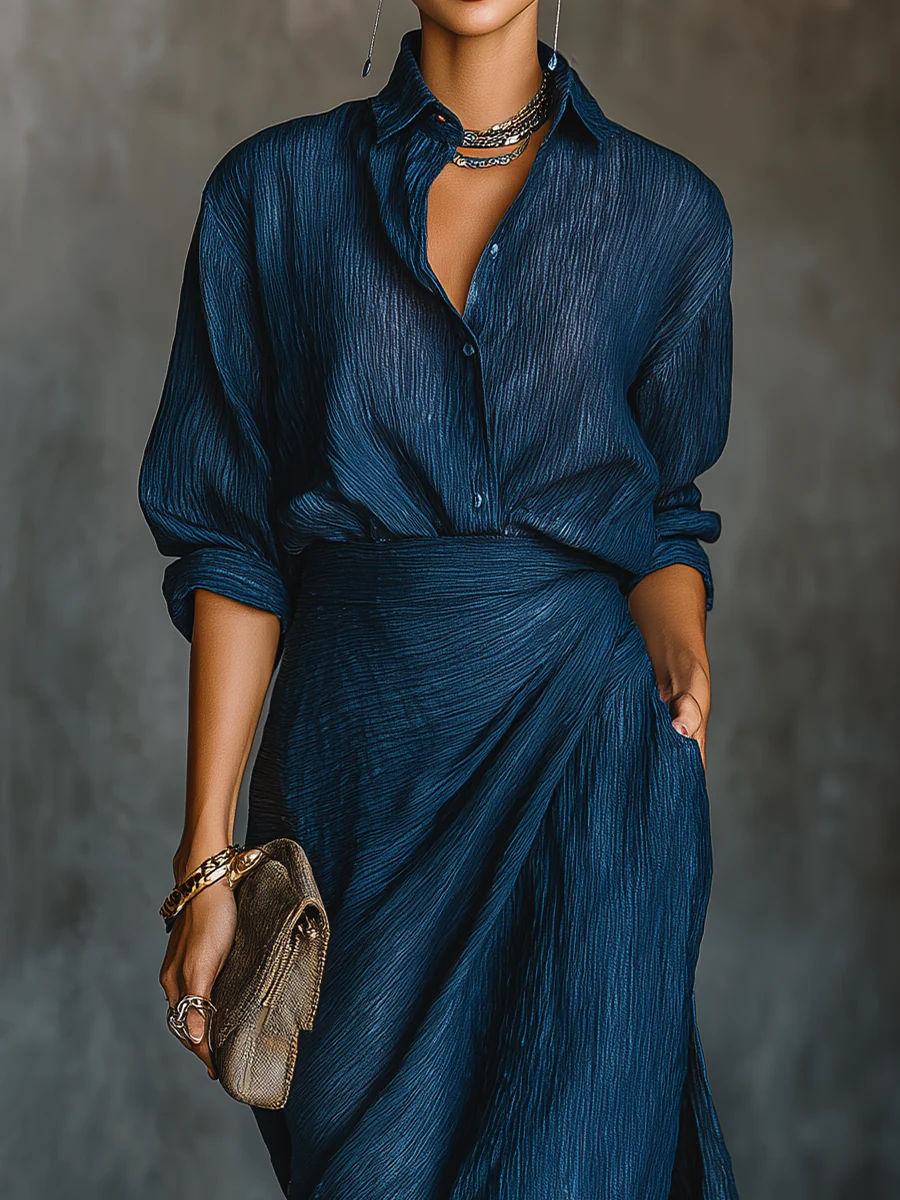 Elegant Shirt & Maxi Rok Set in Donkerblauw