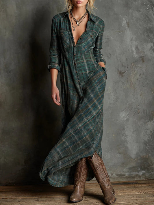 Green Check Single-Row Shirt Dress