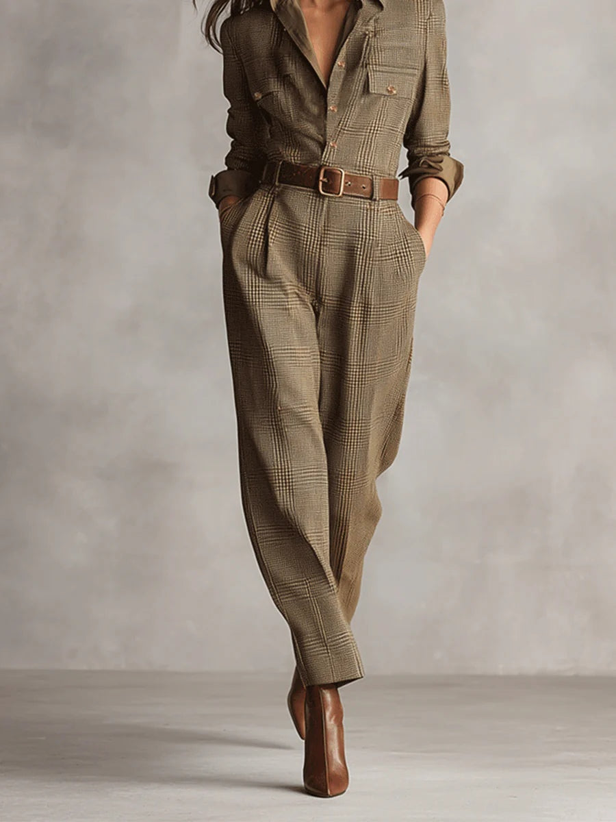 Bruine Geruite Tweed Utility Jumpsuit