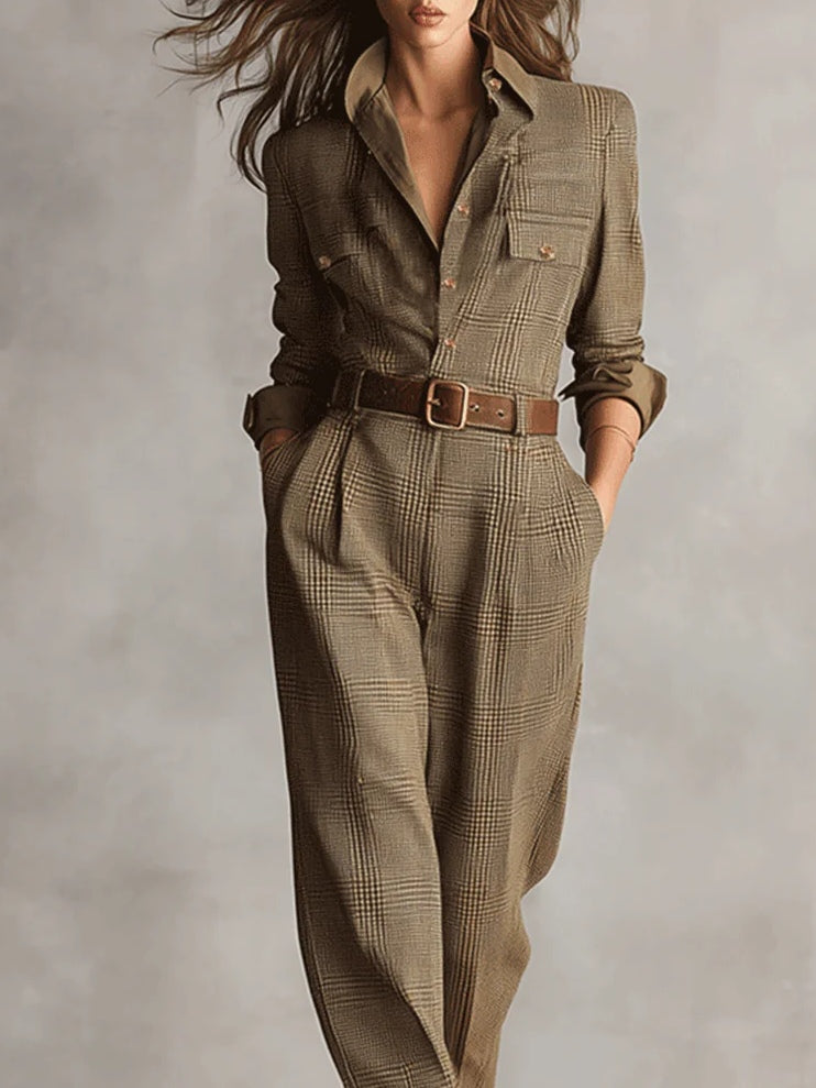 Bruine Geruite Tweed Utility Jumpsuit