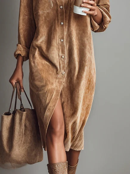 Corduroy Midi Jurk met Dubbele Borstzakken