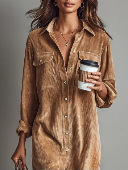 Corduroy Midi Jurk met Dubbele Borstzakken