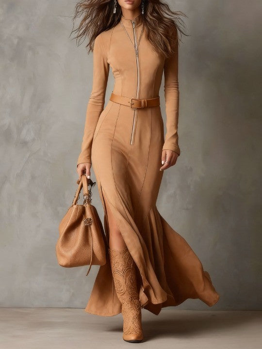 Vintage bruine maxi-jurk met rits