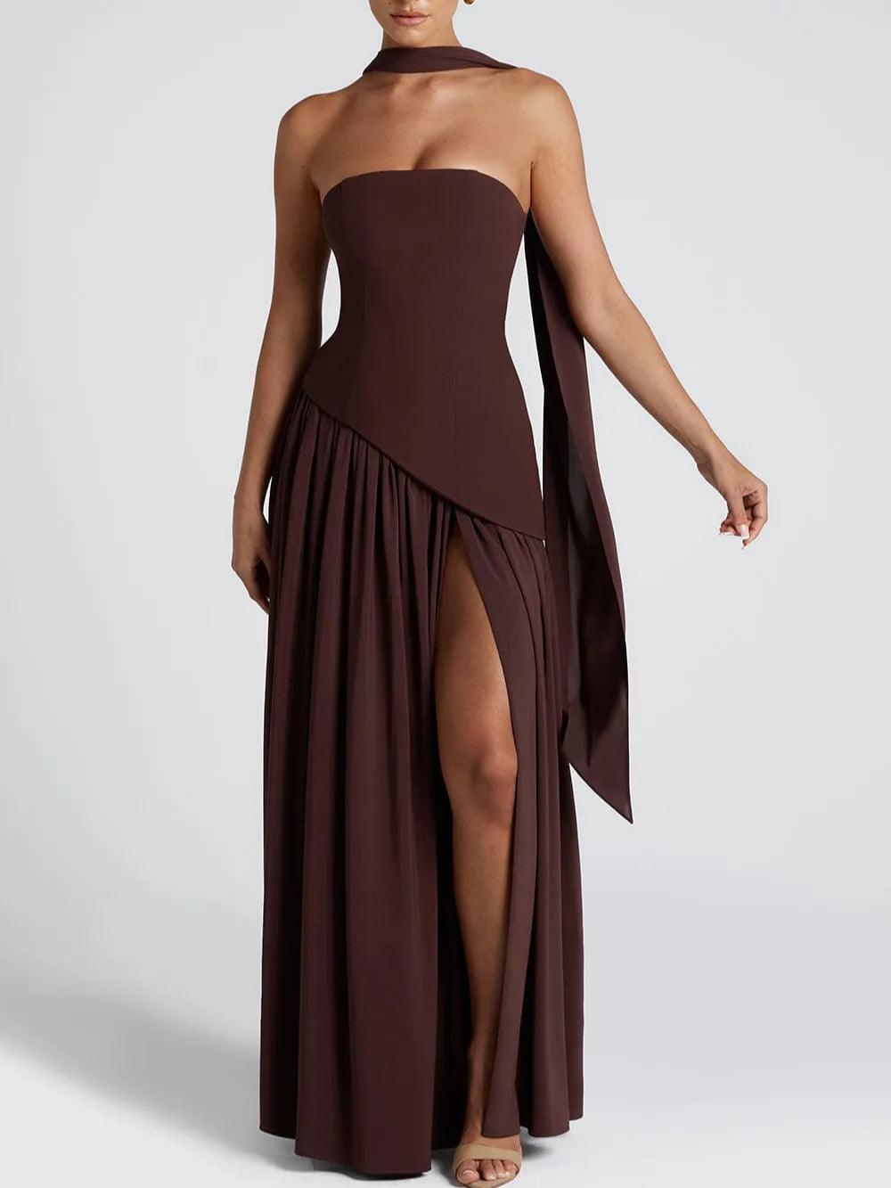 Strapless maxi-jurk met split en lint