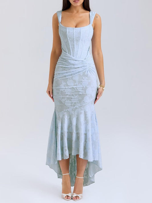 Blauwe maxi-jurk met klokvormige bloemen