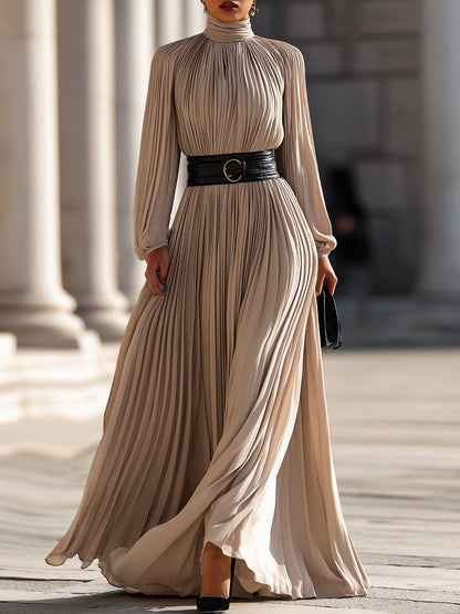 Elegante Hoge Hals Maxi Jurk met Plissé
