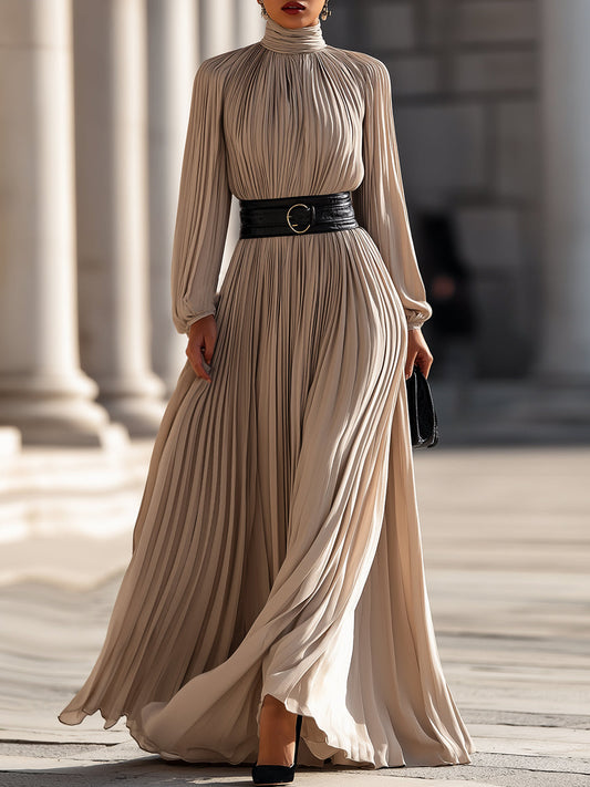 Elegante Hoge Hals Maxi Jurk met Plissé