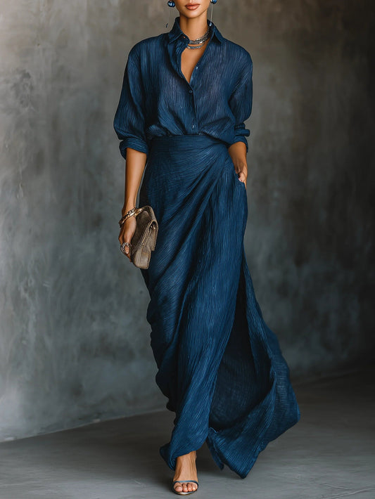 Elegant Shirt & Maxi Rok Set in Donkerblauw