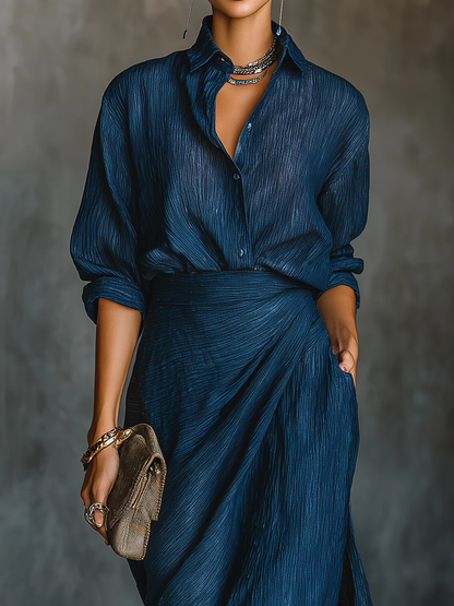 Elegant Shirt & Maxi Rok Set in Donkerblauw