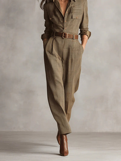 Braun karierter Utility-Jumpsuit aus Tweed