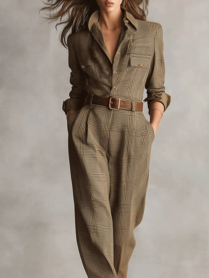 Bruine Geruite Tweed Utility Jumpsuit