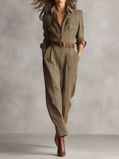Bruine Geruite Tweed Utility Jumpsuit