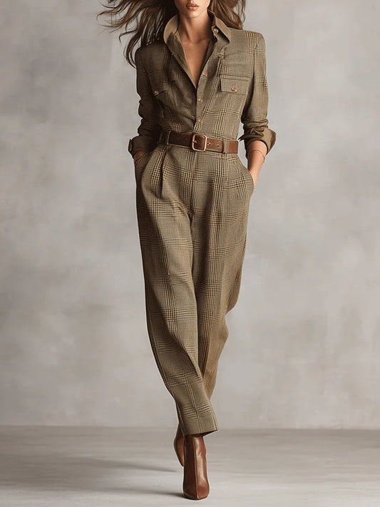 Bruine Geruite Tweed Utility Jumpsuit