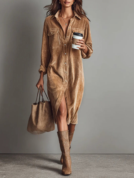 Corduroy Midi Jurk met Dubbele Borstzakken