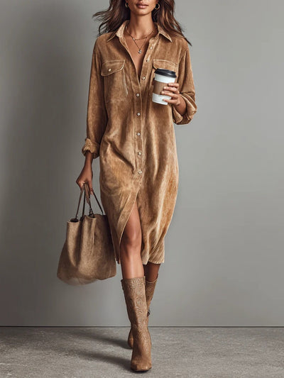 Corduroy Midi Jurk met Dubbele Borstzakken